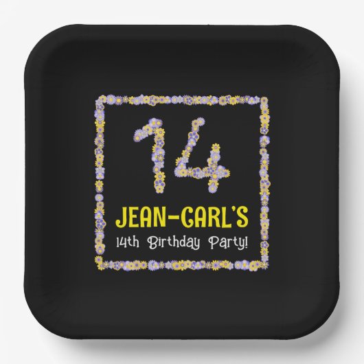 14e verjaardag: Floral Flowers Number, Custom Name Papieren Bordje (Voorkant)