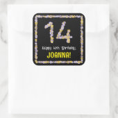 14e verjaardag: Floral Flowers Number, Custom Name Vierkante Sticker (Tas)