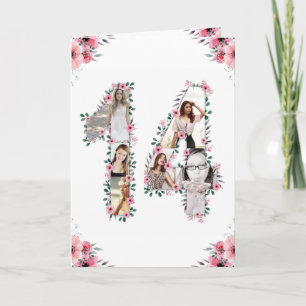 14e verjaardag Foto Collage Girl Pink Flower White Kaart