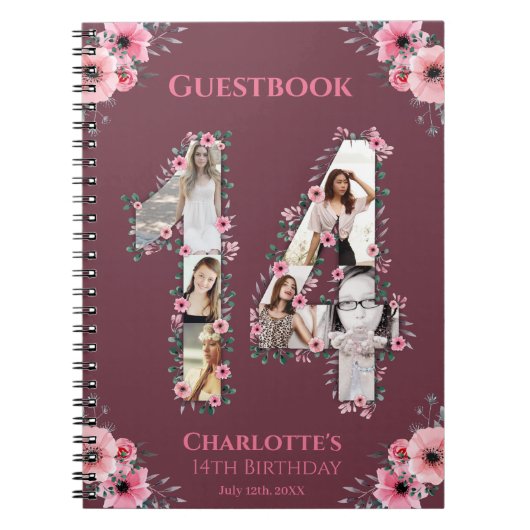 14e verjaardag Foto Collage Pink Flower Guest Book Notitieboek (Voorkant)