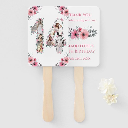 14e verjaardag Foto Collage Pink Girl Flower White Handwaaier (Voorkant en achterkant)