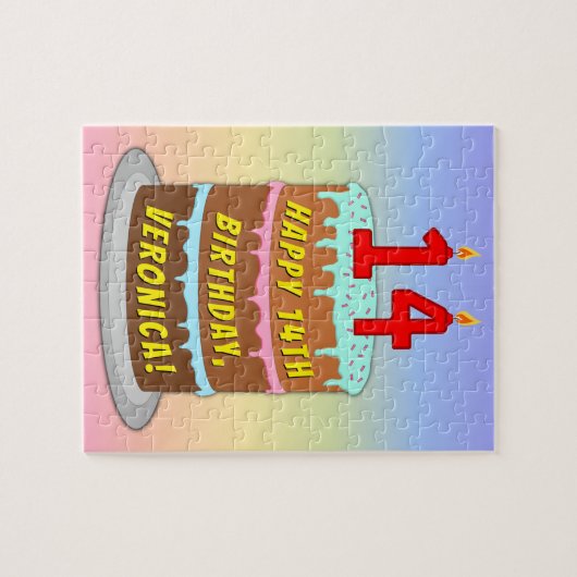 14e verjaardag: Fun Cake and Candles + Custom Name Legpuzzel (Horizontaal)