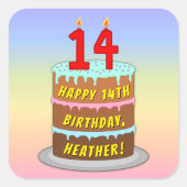 14e verjaardag: Fun Cake and Candles + Custom Name Vierkante Sticker (Voorkant)
