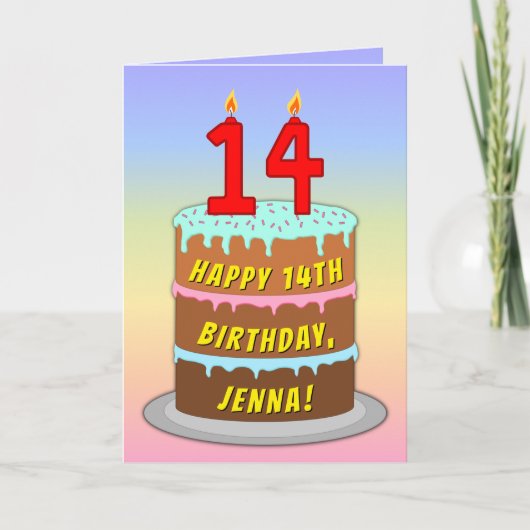 14e verjaardag — Fun Cake & Candles, w/ Eigen naam Kaart (Voorkant)