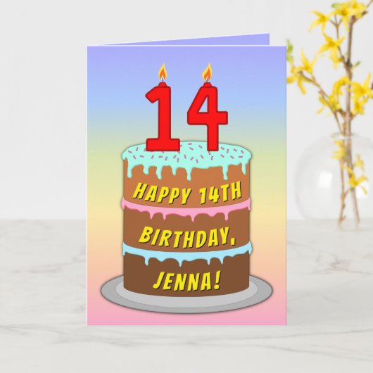 14e verjaardag — Fun Cake & Candles, w/ Eigen naam Kaart (Gele Bloem)