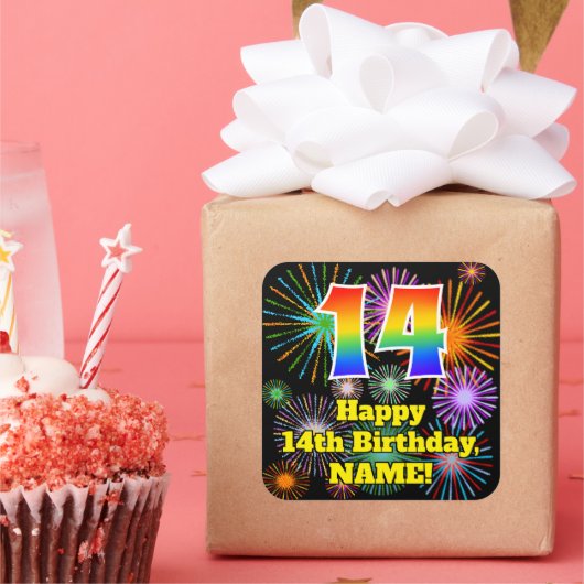 14e verjaardag: Fun Fireworks Kijk, regenboog # 14 Vierkante Sticker (Feest)