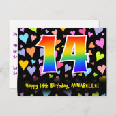 14e verjaardag: Fun Hearts Pattern, Rainbow 14 Briefkaart (Voorkant / Achterkant)