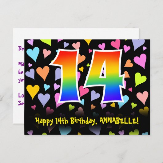 14e verjaardag: Fun Hearts Pattern, Rainbow 14 Briefkaart (Voorkant / Achterkant)