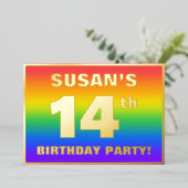 14e verjaardag: Fun, kleurrijk regenboogpatroon Folie Uitnodiging (Staand Voorkant)