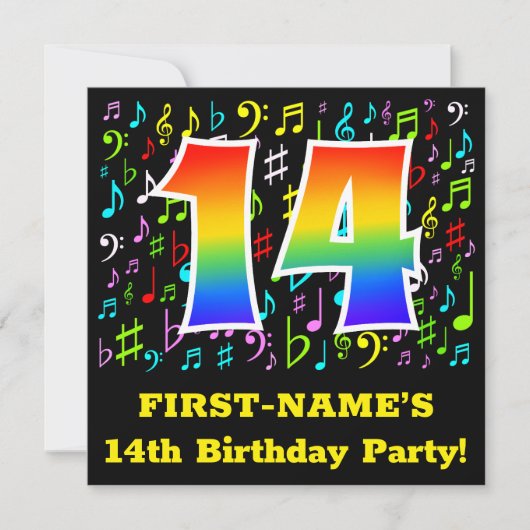 14e verjaardag: Fun Music Symbols, Regenboog 14 Kaart (Voorkant)