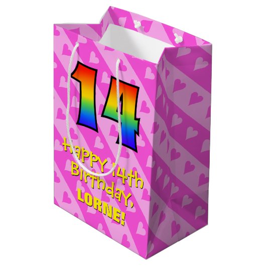 14e verjaardag: Fun Pink Hearts Stripes; Rainbow 1 Medium Cadeauzakje (Achterkant Gekanteld)