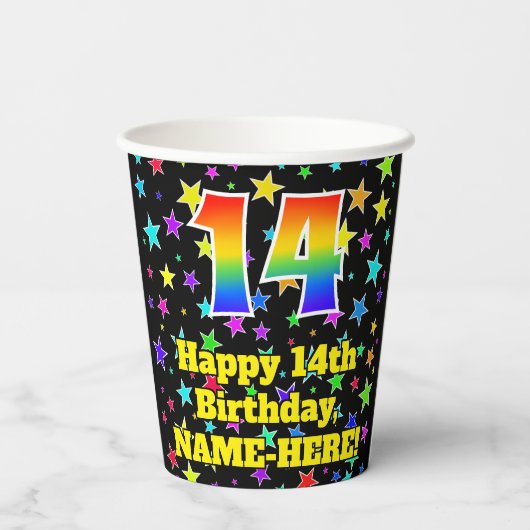 14e verjaardag: Fun Stars Pattern en Rainbow 14 Papieren Bekers (Achterkant)