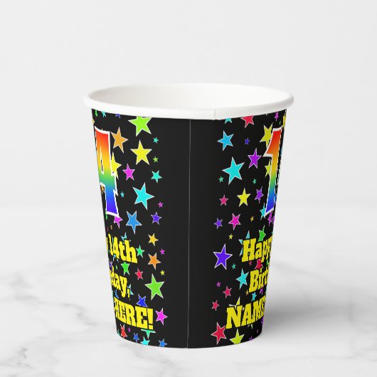 14e verjaardag: Fun Stars Pattern en Rainbow 14 Papieren Bekers (Rechts)