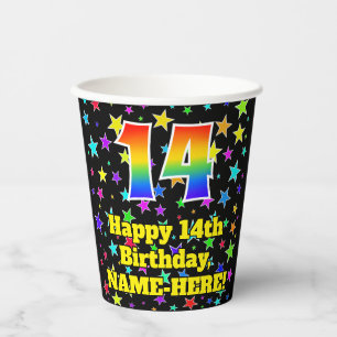 14e verjaardag: Fun Stars Pattern en Rainbow 14 Papieren Bekers