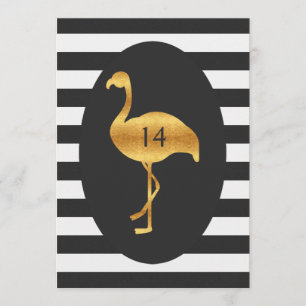 14e verjaardag Gold Flamingo Black White Stripes Kaart