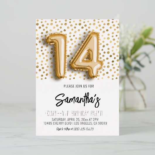 14e verjaardag Gold Polkadot uitnodiging (Staand Voorkant)