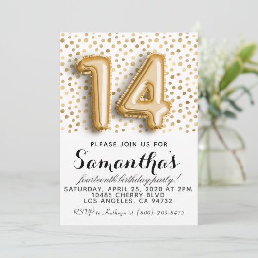 14e verjaardag Gold Polkadot uitnodiging (Staand voorkant)