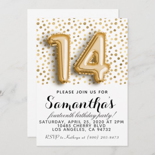 14e verjaardag Gold Polkadot uitnodiging (Voorkant / Achterkant)