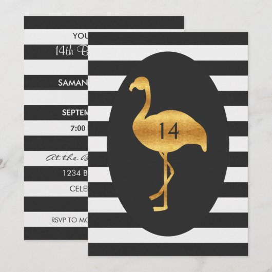 14e Verjaardag Gouden Flamingo Zwart Witte Strepen Kaart (Voorkant / Achterkant)