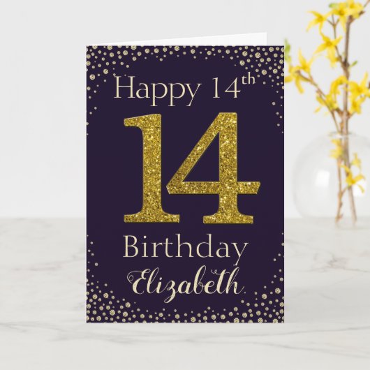 14e verjaardag Gouden Glitter Kaart (Gele Bloem)