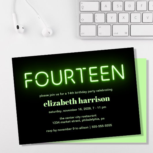 14e verjaardag Green Neon Lights Kaart