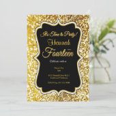 14e verjaardag in zwart en goud kaart (Staand voorkant)