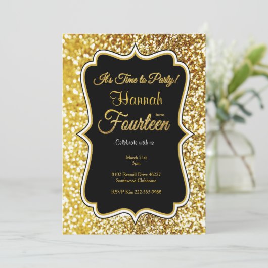 14e verjaardag in zwart en goud kaart (Staand voorkant)