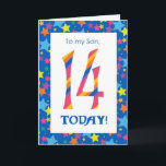 14e Verjaardag Kaart voor Son, Stripes en Stars<br><div class="desc">Een heldere en kleurrijke 14th Birthday Kaart voor een Zoon,  met gestreepte nummers en een sterrenrand,  naar een digitaal ontwerp van Judy Adamson. U kunt het inside bericht wijzigen als u dat wenst.</div>