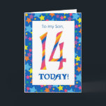 14e Verjaardag Kaart voor Son, Stripes en Stars<br><div class="desc">Een heldere en kleurrijke 14th Birthday Kaart voor een Zoon,  met gestreepte nummers en een sterrenrand,  naar een digitaal ontwerp van Judy Adamson. U kunt het inside bericht wijzigen als u dat wenst.</div>