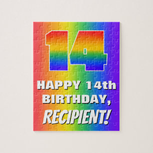 14e verjaardag: kleurrijk, vun regenboogpatroon #  legpuzzel