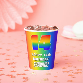 14e verjaardag: kleurrijk, vun regenboogpatroon # papieren bekers