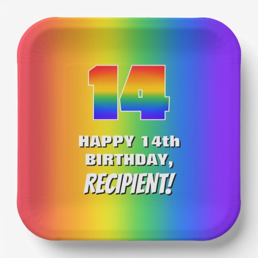 14e verjaardag: kleurrijk, vun regenboogpatroon #  papieren bordje (Voorkant)