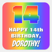 14e verjaardag: kleurrijk, vun regenboogpatroon #  vierkante sticker (Voorkant)