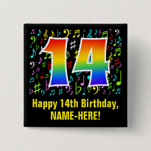 14e verjaardag: Kleurrijke muzieksymbolen, regenbo Vierkante Button 5,1 Cm