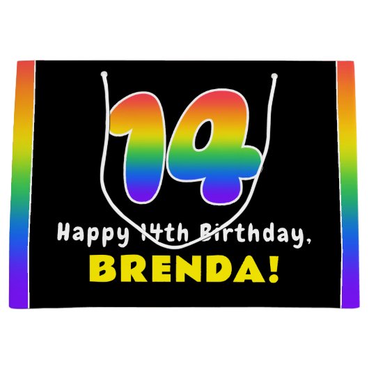 14e verjaardag: kleurrijke regenboog # 14, Naam va Groot Cadeauzakje (Voorkant)