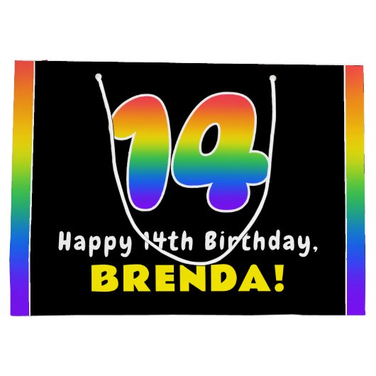 14e verjaardag: kleurrijke regenboog # 14, Naam va Groot Cadeauzakje (Achterkant)
