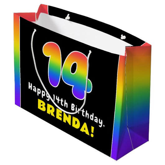 14e verjaardag: kleurrijke regenboog # 14, Naam va Groot Cadeauzakje (Achterkant Gekanteld)