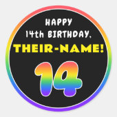 14e verjaardag: kleurrijke regenboog # 14, Naam va Ronde Sticker (Voorkant)