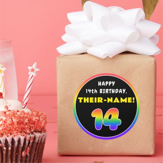 14e verjaardag: kleurrijke regenboog # 14, Naam va Ronde Sticker (Feest)