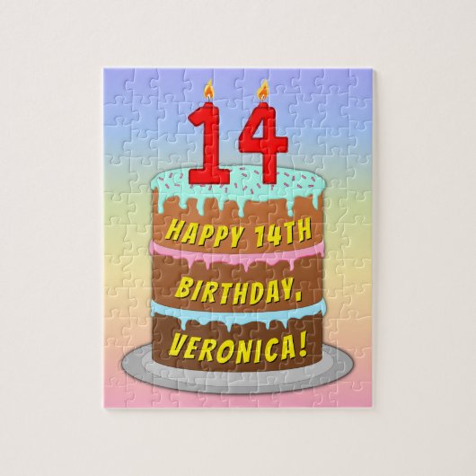 14e verjaardag: Leuke cake en kaarsen + aangepaste Legpuzzel (Verticaal)