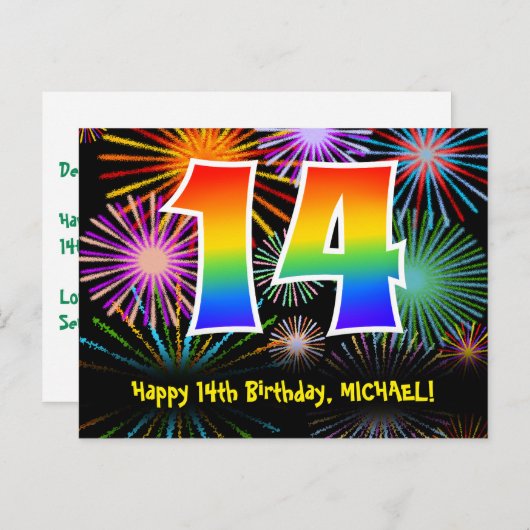 14e verjaardag – Leuke vuurwerkpatroon + Regenboog Briefkaart (Voorkant / Achterkant)