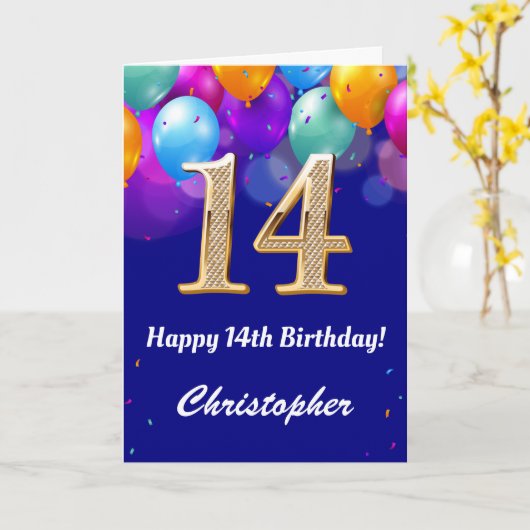 14e verjaardag marineblauw en goudkleurige ballonn kaart (Gele Bloem)