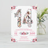 14e verjaardag meisje foto collage roze bloem wit kaart (Staand voorkant)