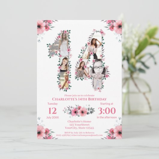 14e verjaardag meisje foto collage roze bloem wit kaart (Staand voorkant)