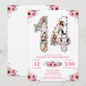 14e verjaardag meisje foto collage roze bloem wit kaart (Voorkant / Achterkant)