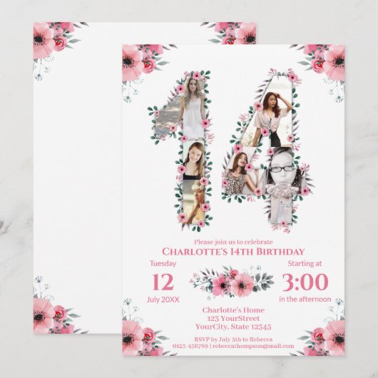14e verjaardag meisje foto collage roze bloem wit kaart (Voorkant / Achterkant)