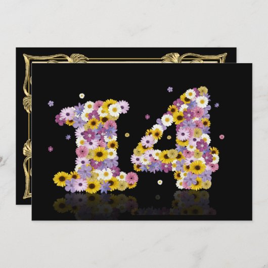 14e verjaardag, met bloembranen kaart (Voorkant / Achterkant)