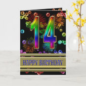 14e verjaardag met regenboogbellen en vuurwerk kaart (Gele Bloem)