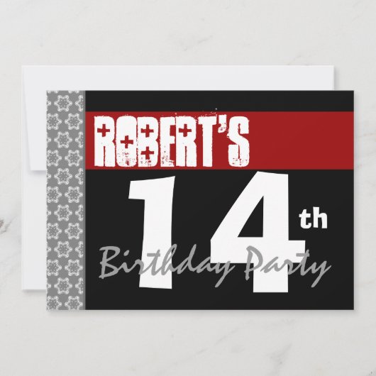 14e verjaardag Moderne Red Black en White 2D Kaart (Voorkant)