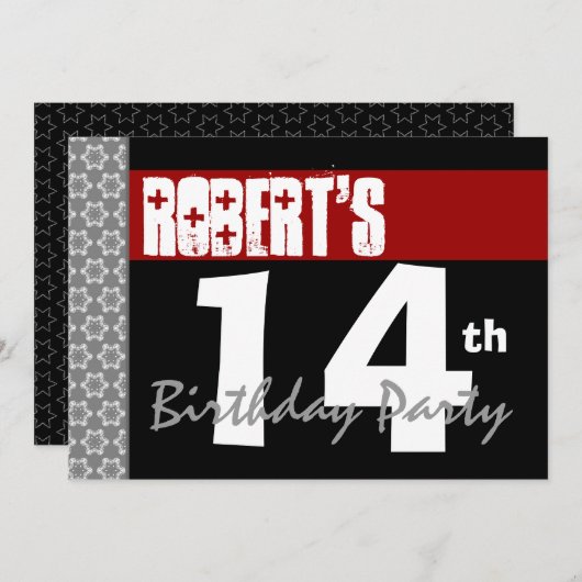 14e verjaardag Moderne Red Black en White 2D Kaart (Voorkant / Achterkant)
